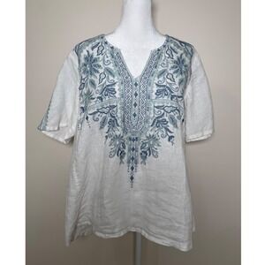 Johnny Was Embroidered Tunic Top White Blue Linen Blend Women's XS